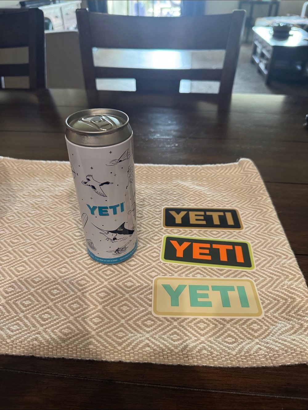 Yeti White Slim Stash Can with Yeti stickers